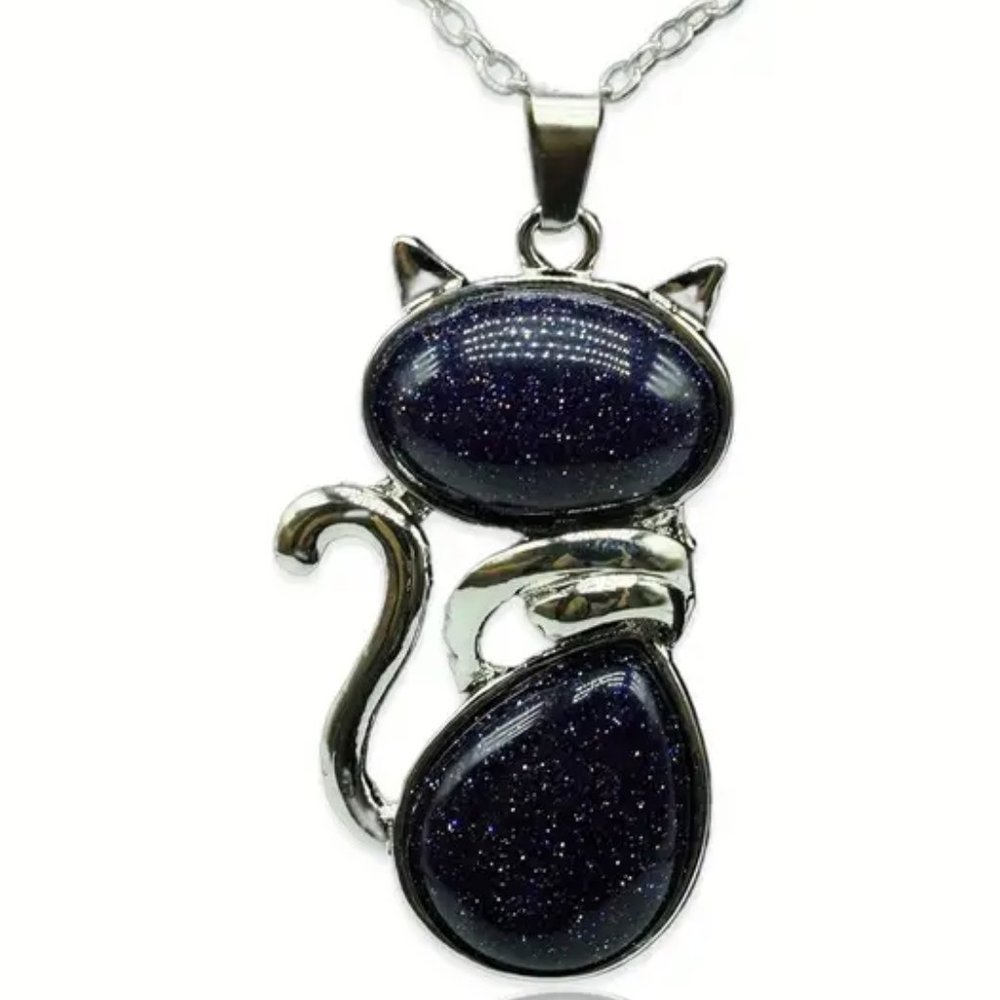 Blue Sandstone Natural Stone Cute Cat Pendant Necklace